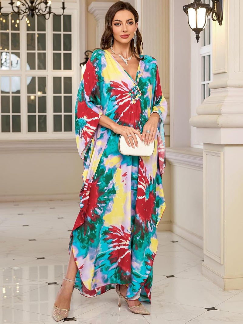 KEYLORTING Women’s Kaftan Beach Cover Up Dress Plus Size Summer Swimsuit Loungewear Maxi Dress - Image 2
